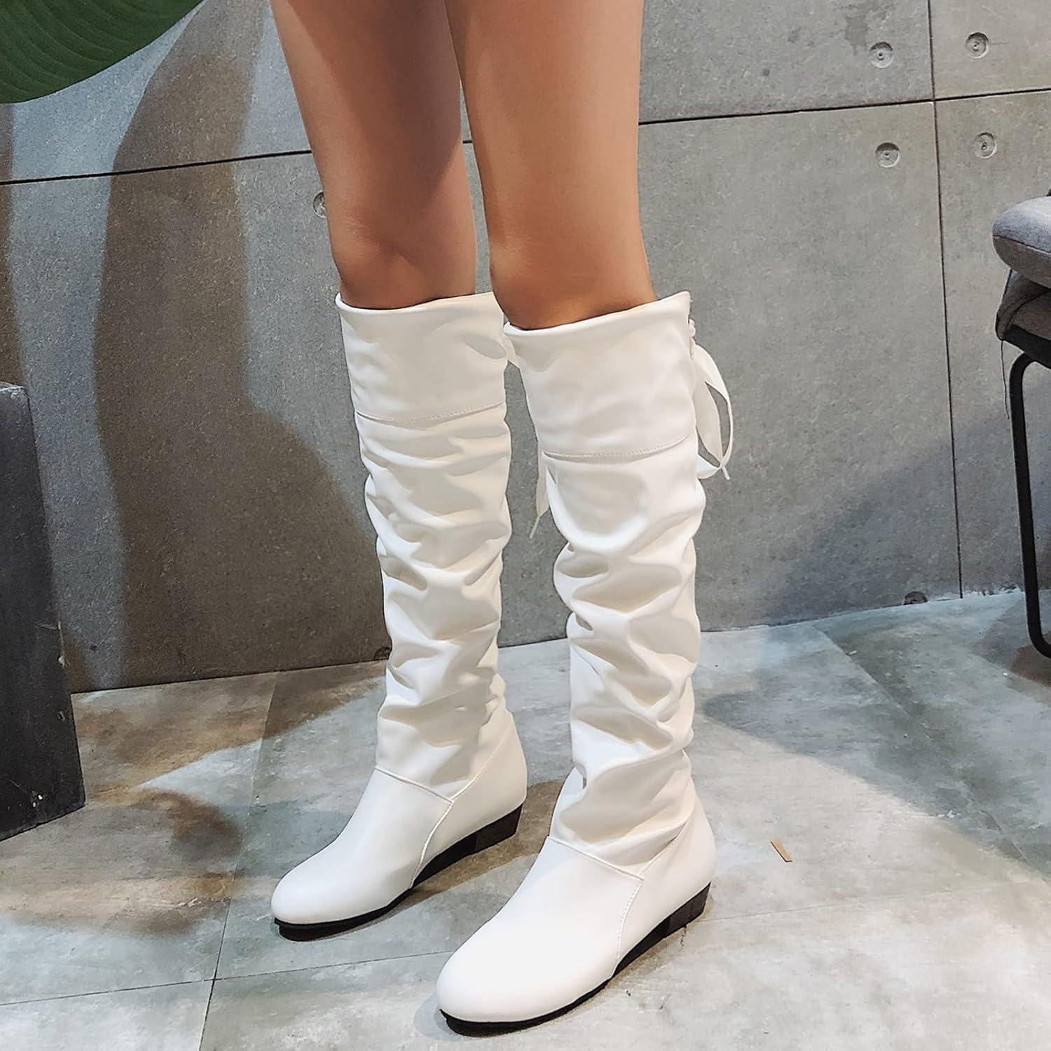image:imageBottes hautes en cuir pour femme Bottes plates antidrapantes avec nud larrire Bottes de loisirs tendance et dcontractes pour femme Bottes dhiver confortablesBlanc