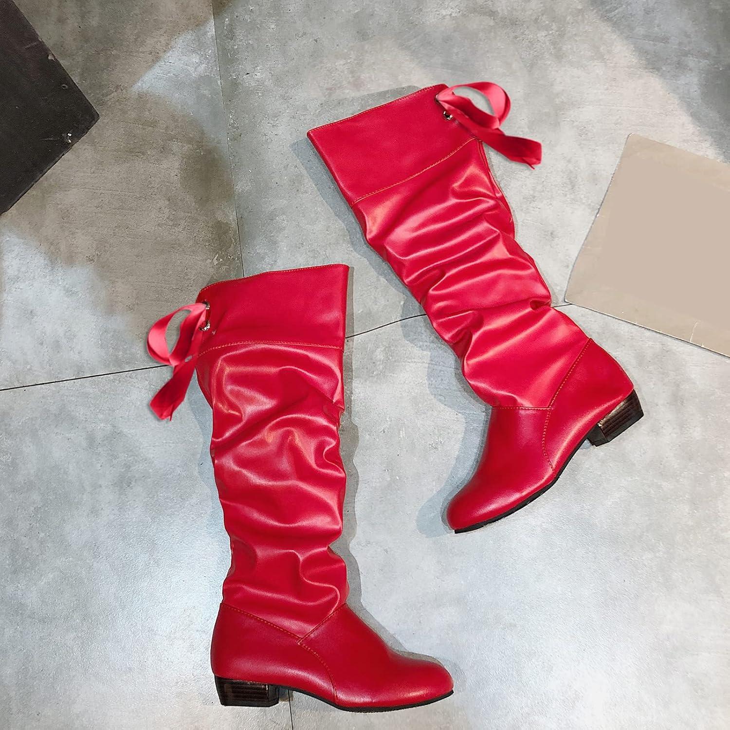 image:imageBottes hautes en cuir pour femme Bottes plates antidrapantes avec nud larrire Bottes de loisirs tendance et dcontractes pour femme Bottes dhiver confortablesRouge