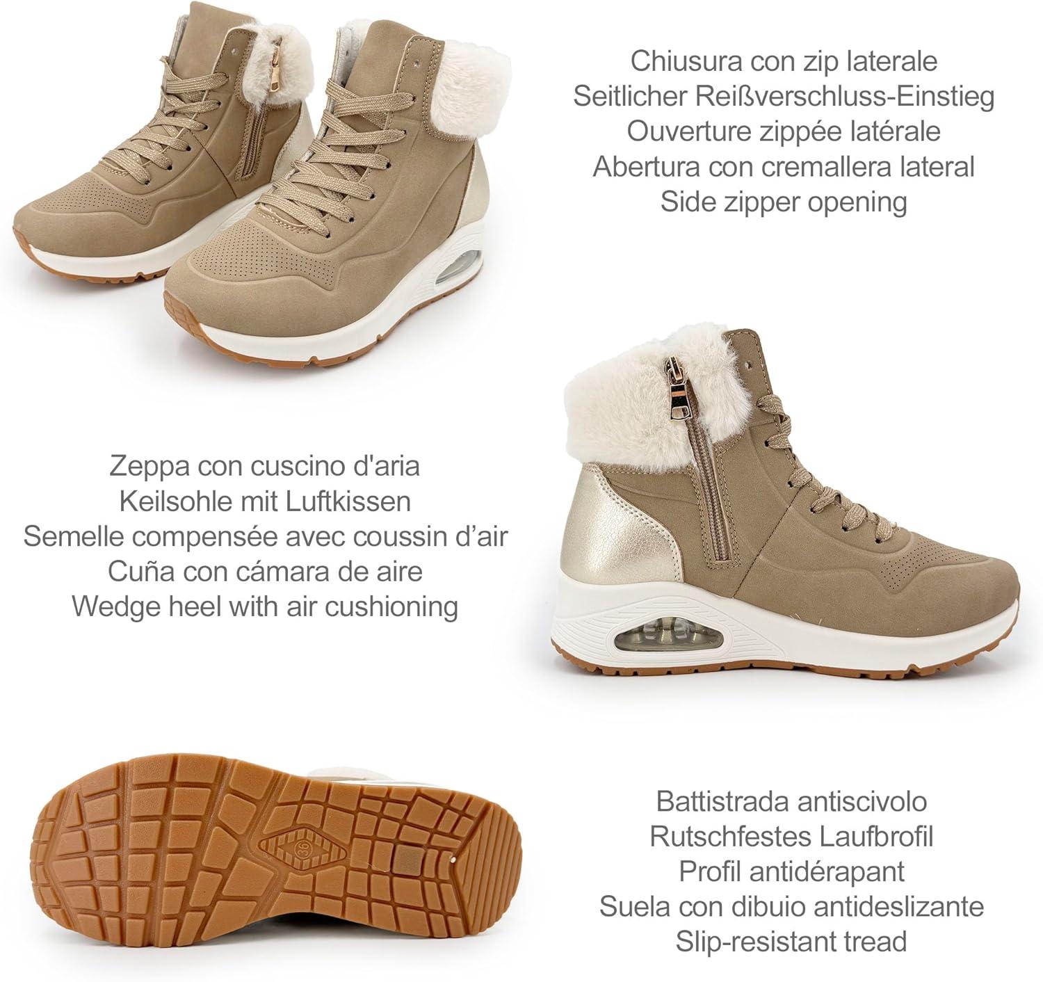 image:imageJOMIX Bottines Femme Hiver Chaudes Lacets Fermeture clair Col Imitation Fourrure Talon Compens avec Coussin dAir Confortables pour la Marche Urbaine et le QuotidienMarron