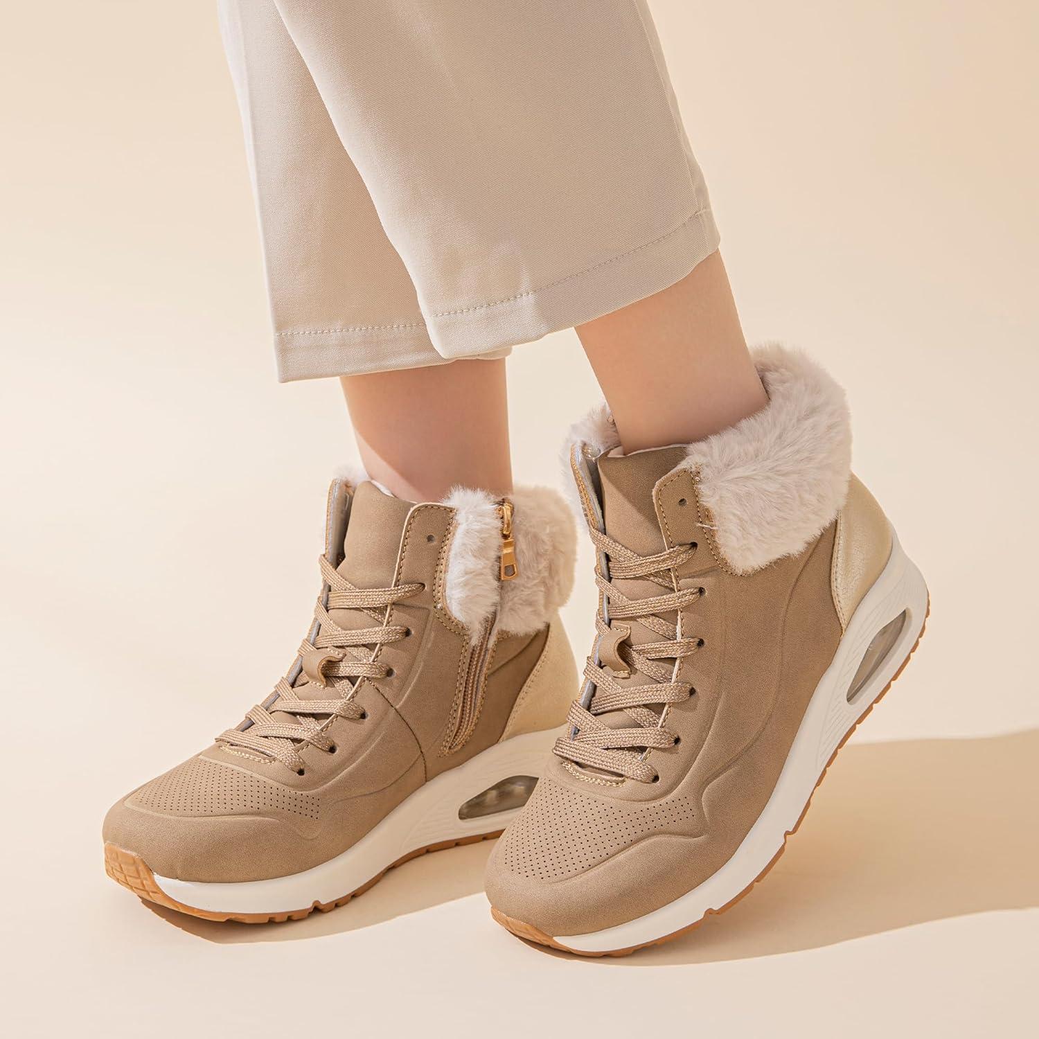 image:imageJOMIX Bottines Femme Hiver Chaudes Lacets Fermeture clair Col Imitation Fourrure Talon Compens avec Coussin dAir Confortables pour la Marche Urbaine et le QuotidienMarron