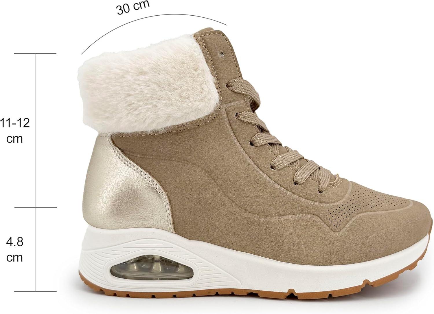 image:imageJOMIX Bottines Femme Hiver Chaudes Lacets Fermeture clair Col Imitation Fourrure Talon Compens avec Coussin dAir Confortables pour la Marche Urbaine et le QuotidienMarron