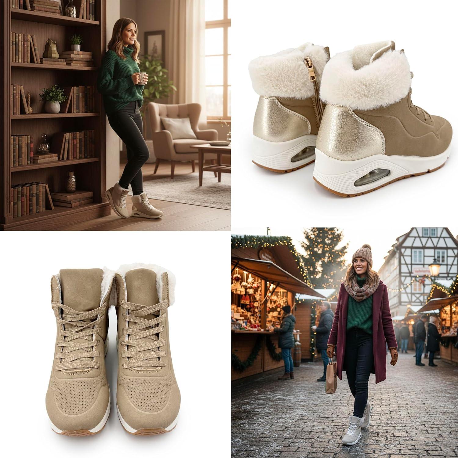image:imageJOMIX Bottines Femme Hiver Chaudes Lacets Fermeture clair Col Imitation Fourrure Talon Compens avec Coussin dAir Confortables pour la Marche Urbaine et le QuotidienMarron