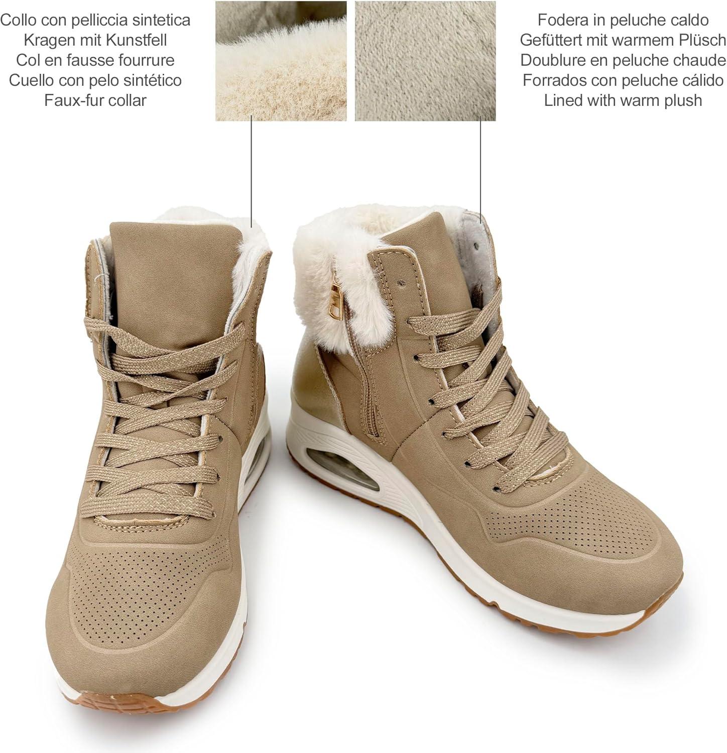 image:imageJOMIX Bottines Femme Hiver Chaudes Lacets Fermeture clair Col Imitation Fourrure Talon Compens avec Coussin dAir Confortables pour la Marche Urbaine et le QuotidienMarron