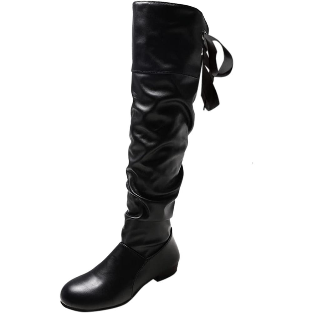 image:imageBottes hautes en cuir pour femme Bottes plates antidrapantes avec nud larrire Bottes de loisirs tendance et dcontractes pour femme Bottes dhiver confortablesNoir