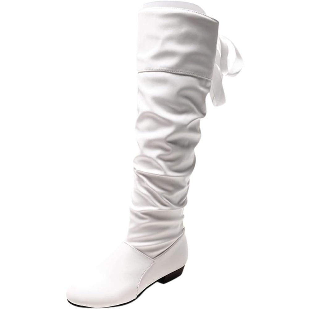 image:imageBottes hautes en cuir pour femme Bottes plates antidrapantes avec nud larrire Bottes de loisirs tendance et dcontractes pour femme Bottes dhiver confortablesBlanc