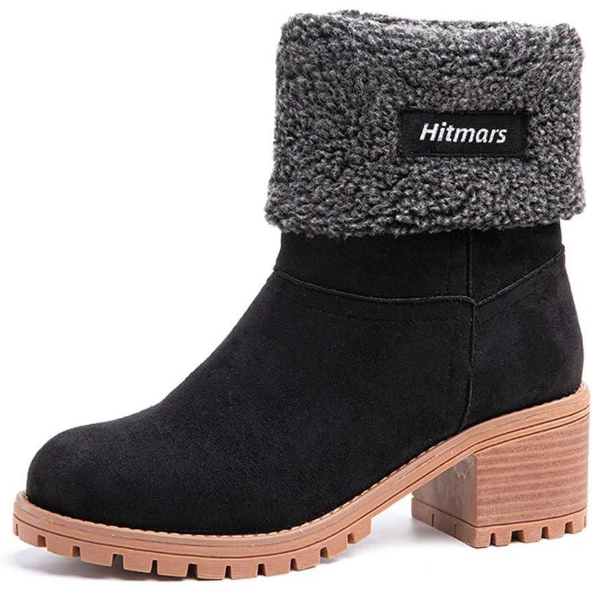 image:imageHitmars Bottes Hiver Femme Boots Daim Botte  Talon Bloc Bottine Fourres Chaudes Neige Chaussures Noir Kaki Marron EU3543Noir B
