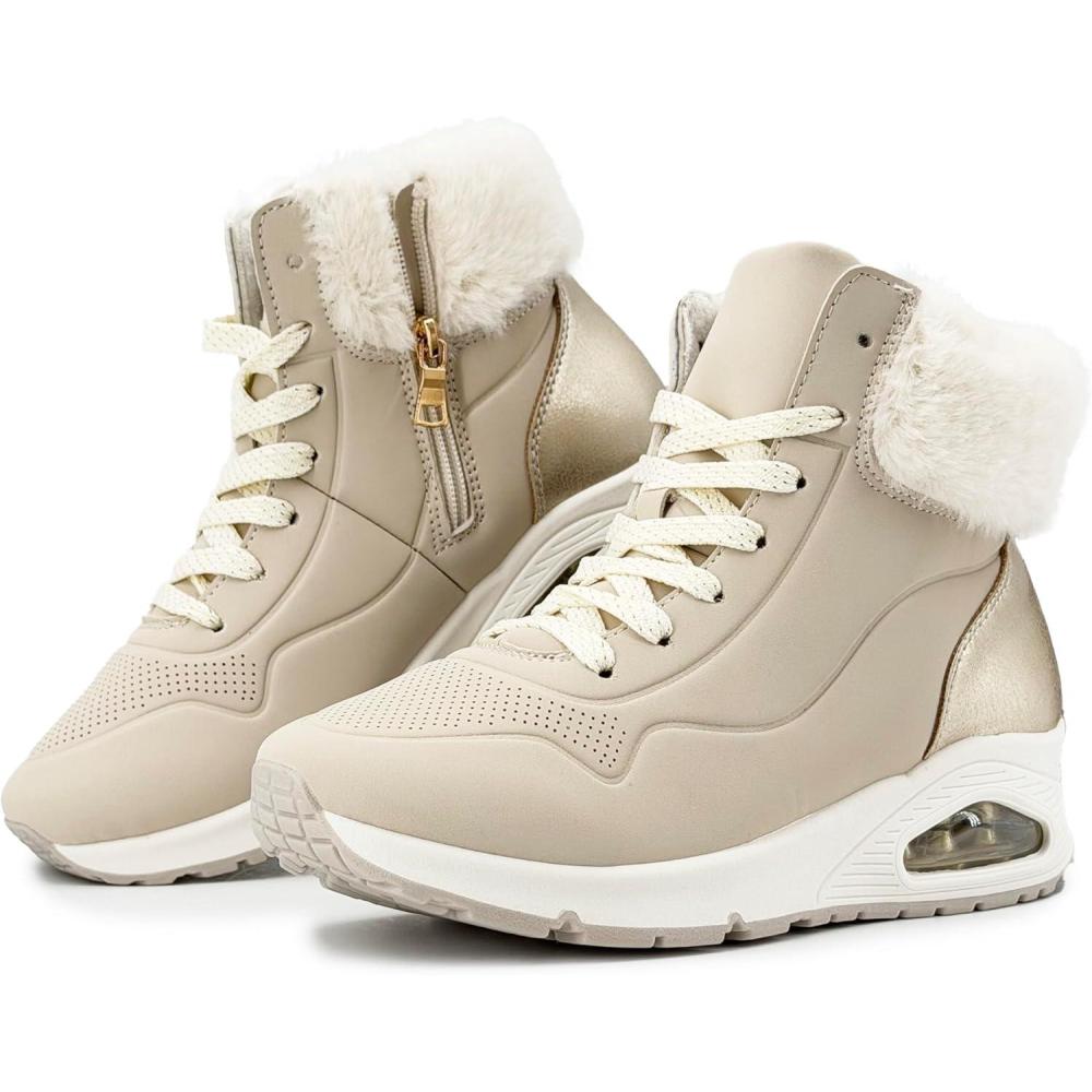 image:imageJOMIX Bottines Femme Hiver Chaudes Lacets Fermeture clair Col Imitation Fourrure Talon Compens avec Coussin dAir Confortables pour la Marche Urbaine et le QuotidienBeige