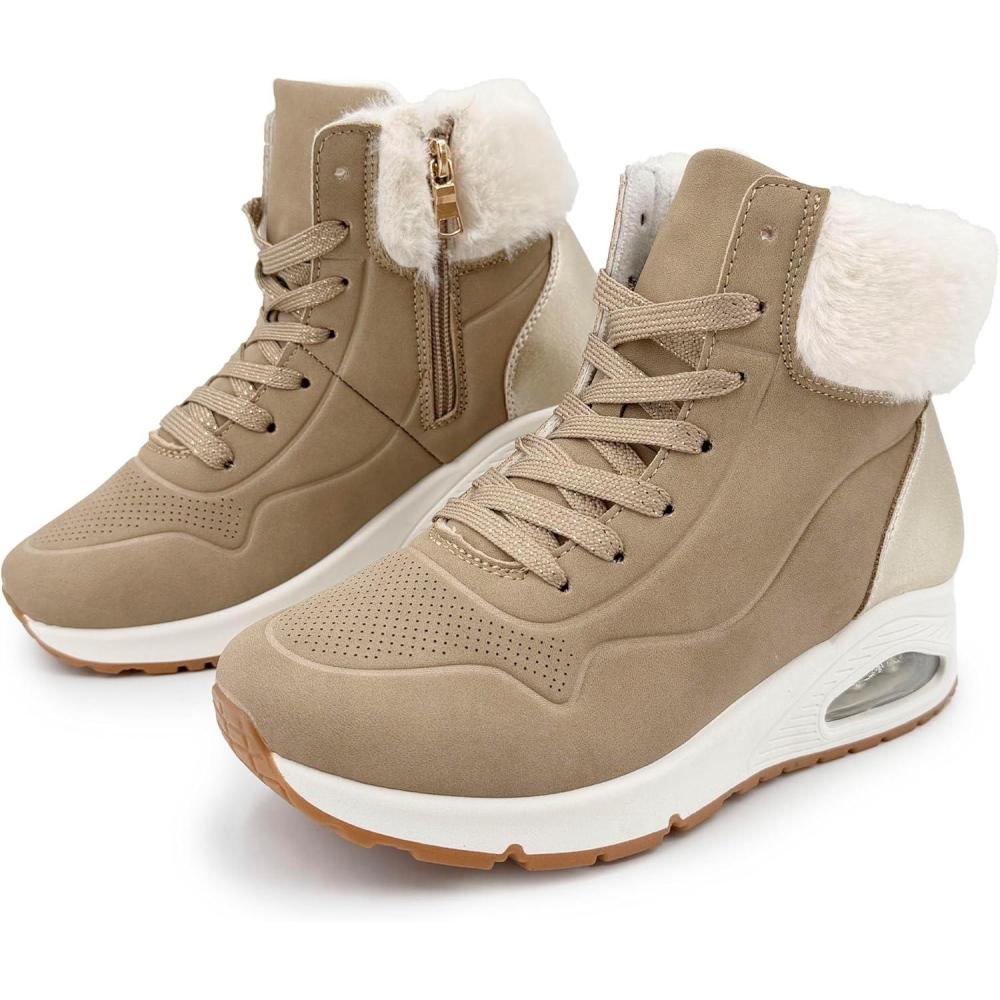 image:imageJOMIX Bottines Femme Hiver Chaudes Lacets Fermeture clair Col Imitation Fourrure Talon Compens avec Coussin dAir Confortables pour la Marche Urbaine et le QuotidienMarron