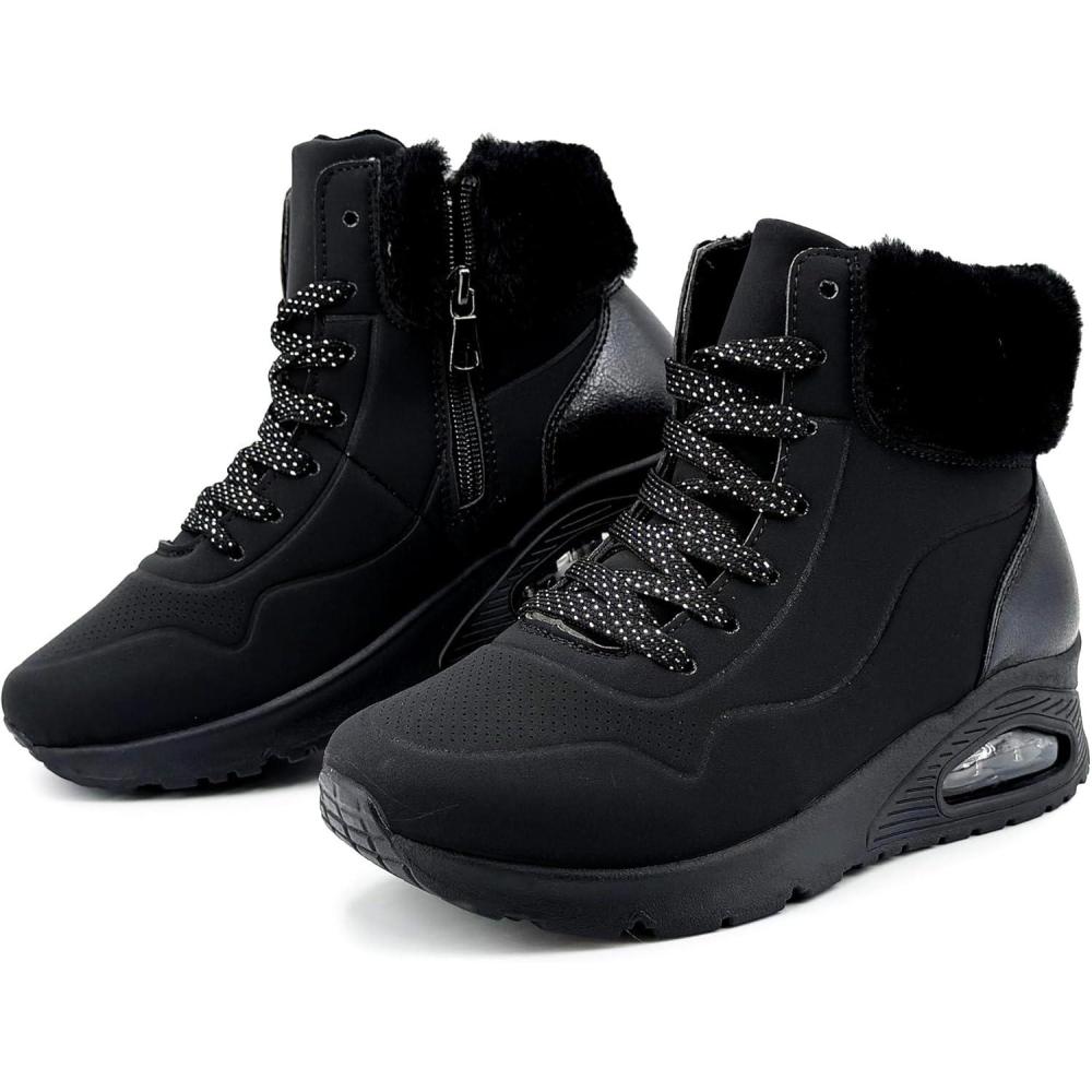 image:imageJOMIX Bottines Femme Hiver Chaudes Lacets Fermeture clair Col Imitation Fourrure Talon Compens avec Coussin dAir Confortables pour la Marche Urbaine et le QuotidienNoir