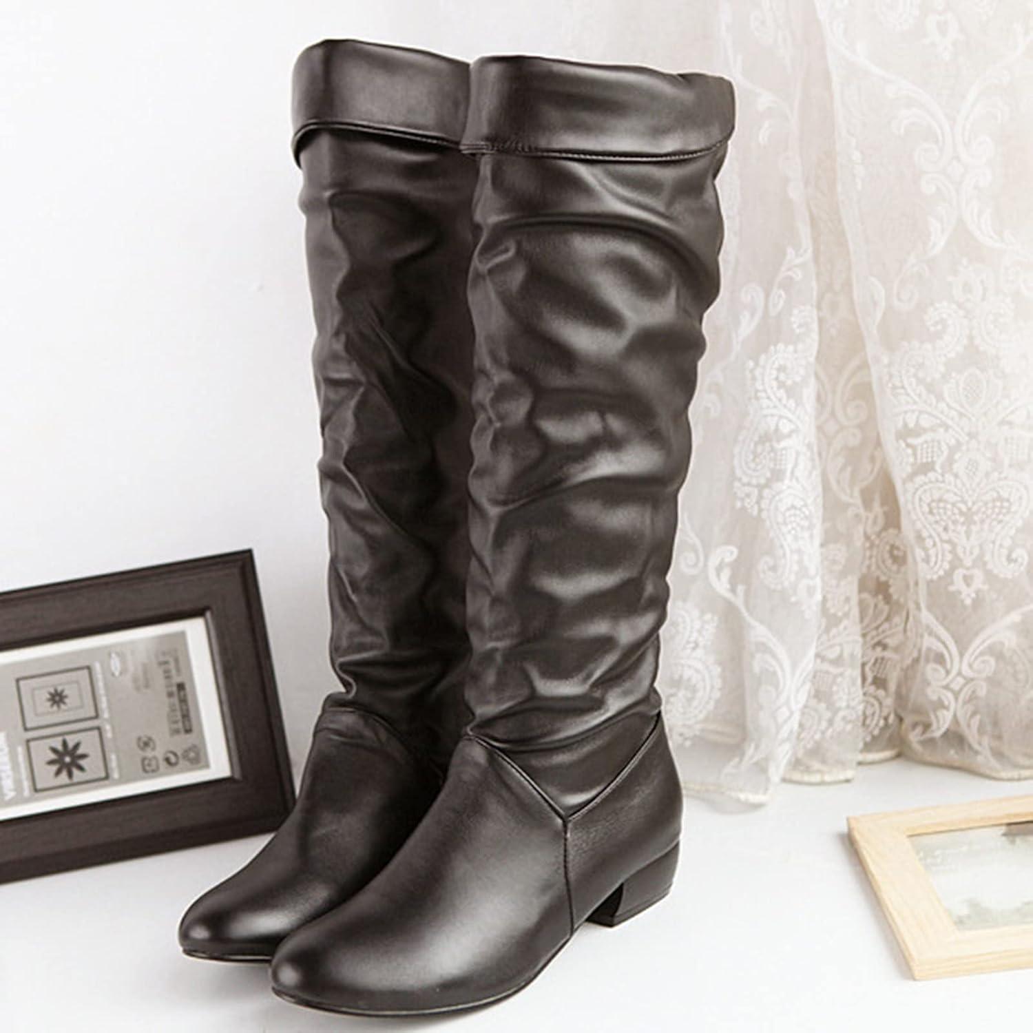 image:imageGnrique Bottes pour femme Hautes Genoux plates Cuir Verni Femelles Bottillon Souple Impermables Chaudes Travail Femme Bottes rtro classiques cuir vritable Cowboy Femme Bottine Automne HiverBrun
