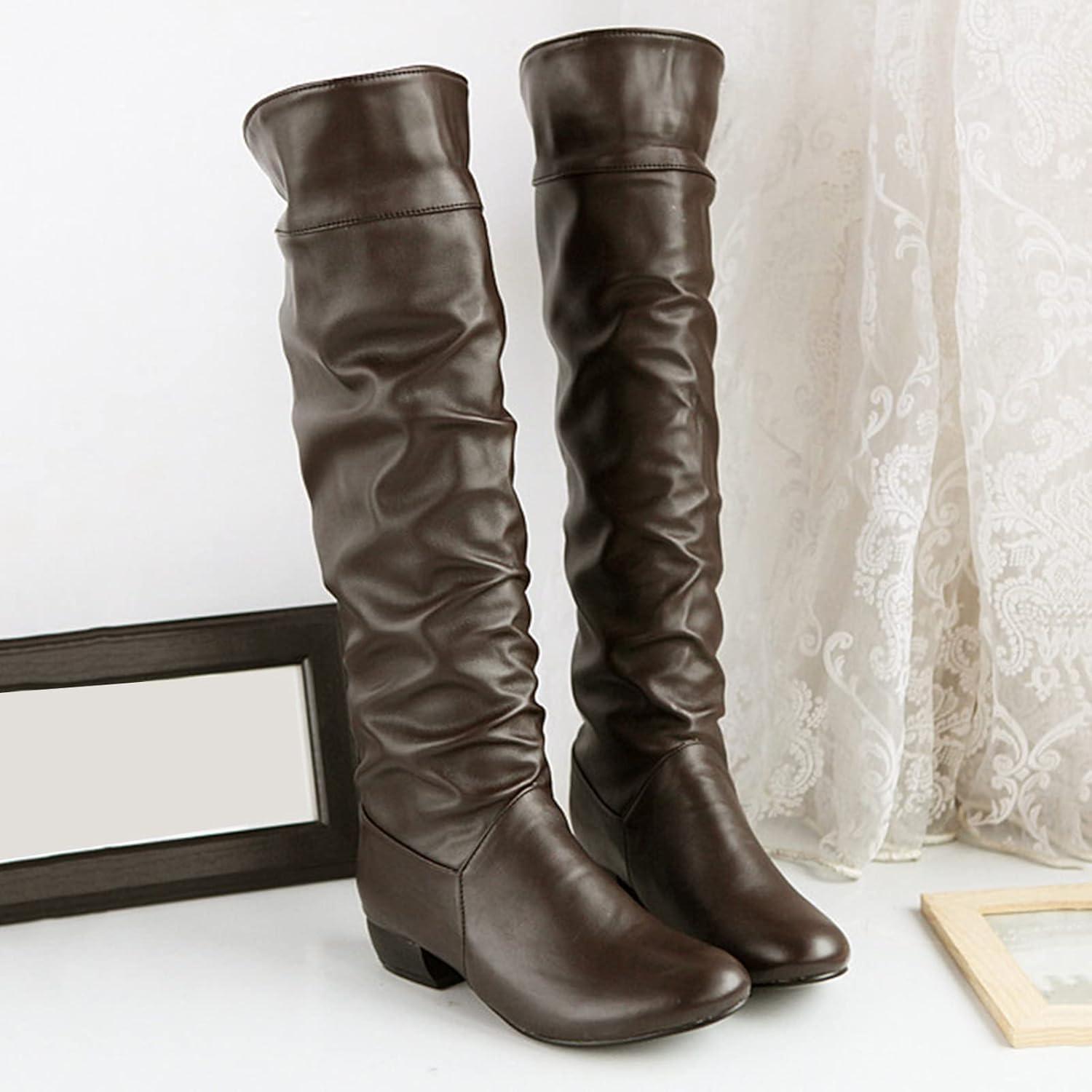 image:imageGnrique Bottes pour femme Hautes Genoux plates Cuir Verni Femelles Bottillon Souple Impermables Chaudes Travail Femme Bottes rtro classiques cuir vritable Cowboy Femme Bottine Automne HiverBrun