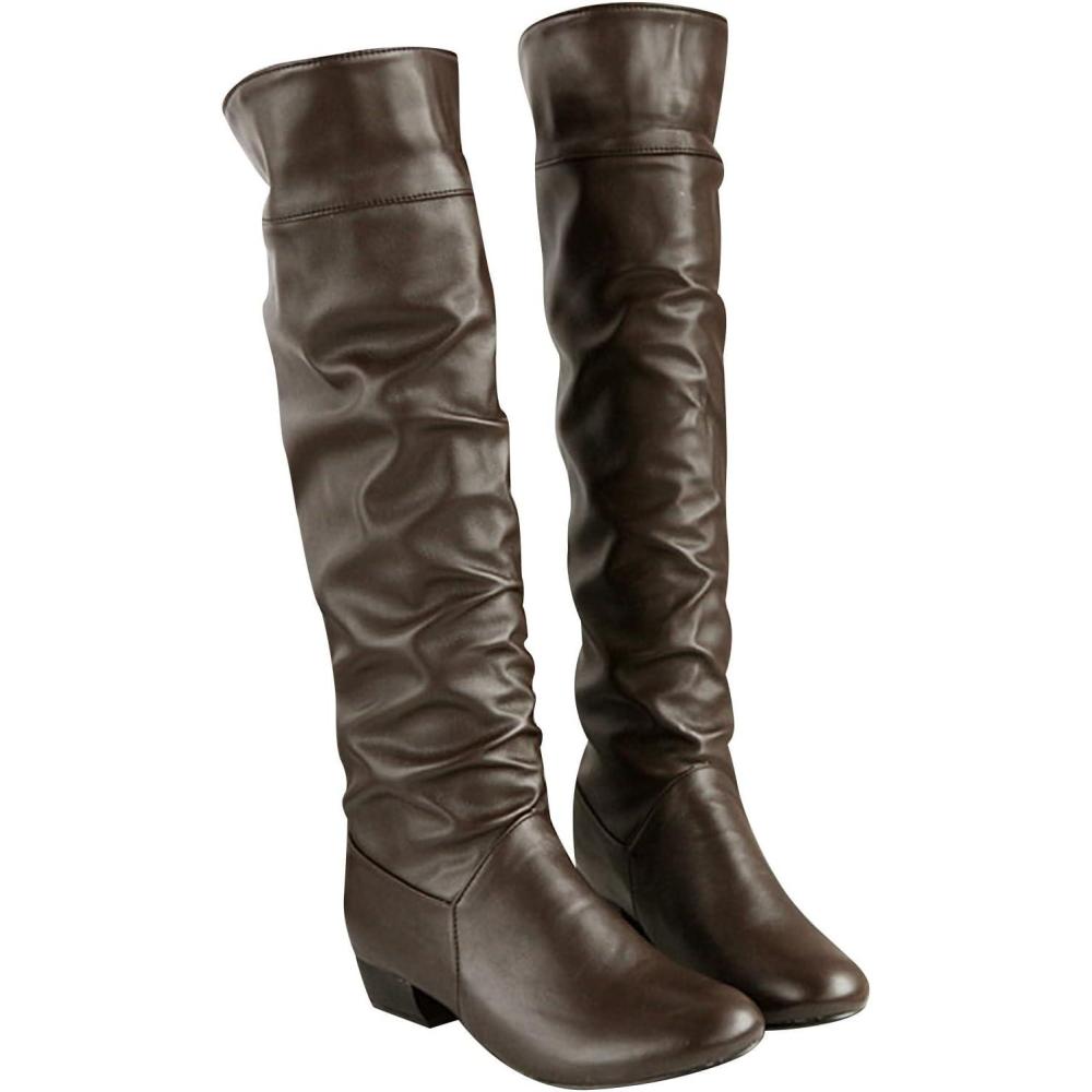 image:imageGnrique Bottes pour femme Hautes Genoux plates Cuir Verni Femelles Bottillon Souple Impermables Chaudes Travail Femme Bottes rtro classiques cuir vritable Cowboy Femme Bottine Automne HiverBrun