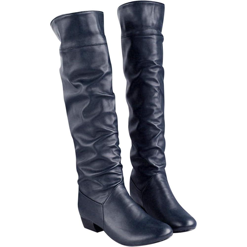 image:imageGnrique Bottes pour femme Hautes Genoux plates Cuir Verni Femelles Bottillon Souple Impermables Chaudes Travail Femme Bottes rtro classiques cuir vritable Cowboy Femme Bottine Automne HiverLe Noir