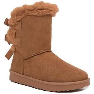 Bottes fourrées chaudes femme avec ruban satiné et fourrure synthétique(Marron)