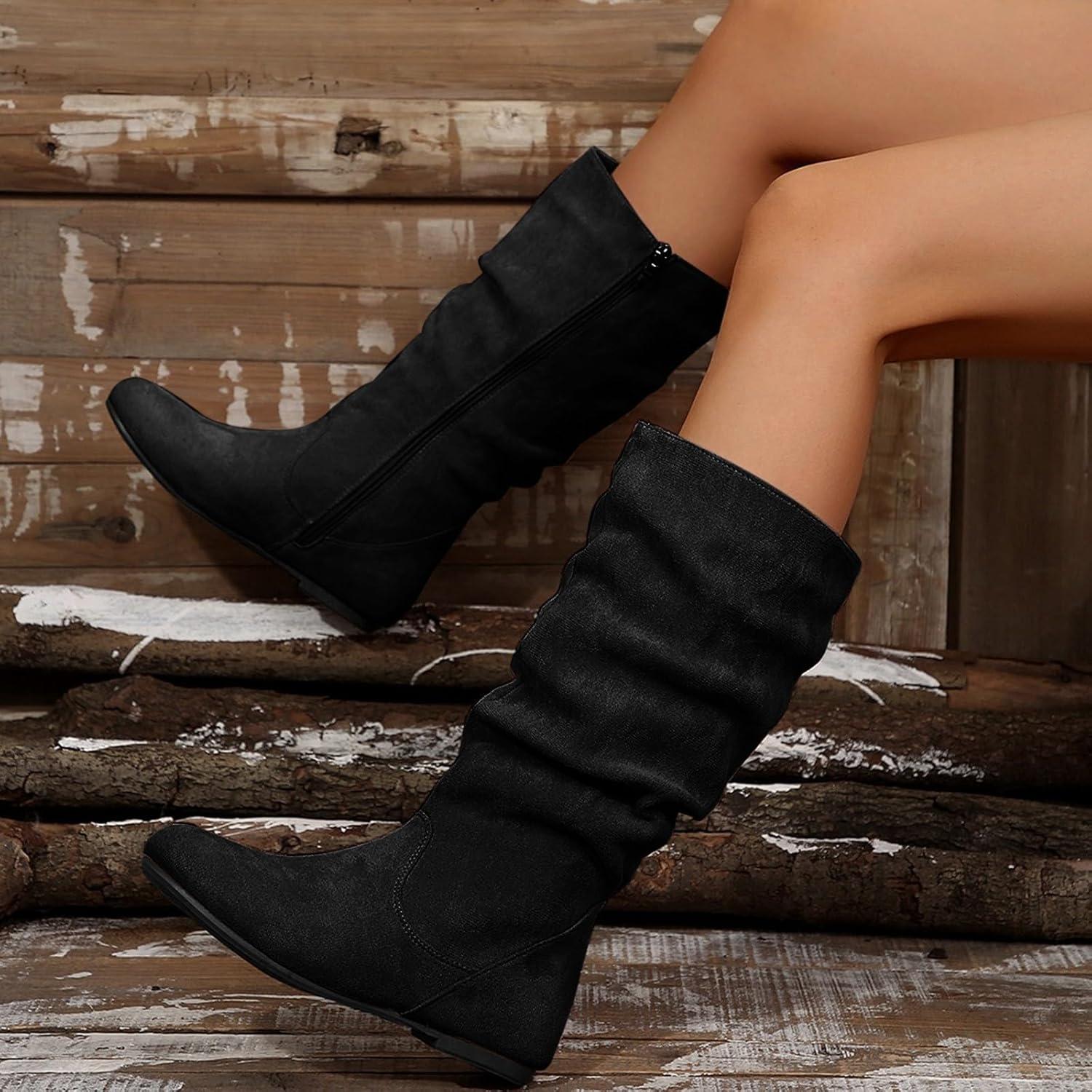 image:imageBottes mimollet pour femme Generic Printemps et hiver Grande taille Fermeture clair latrale Bottes poils plisss Bottes plates en daim Western Cowboy Noir 40 EU