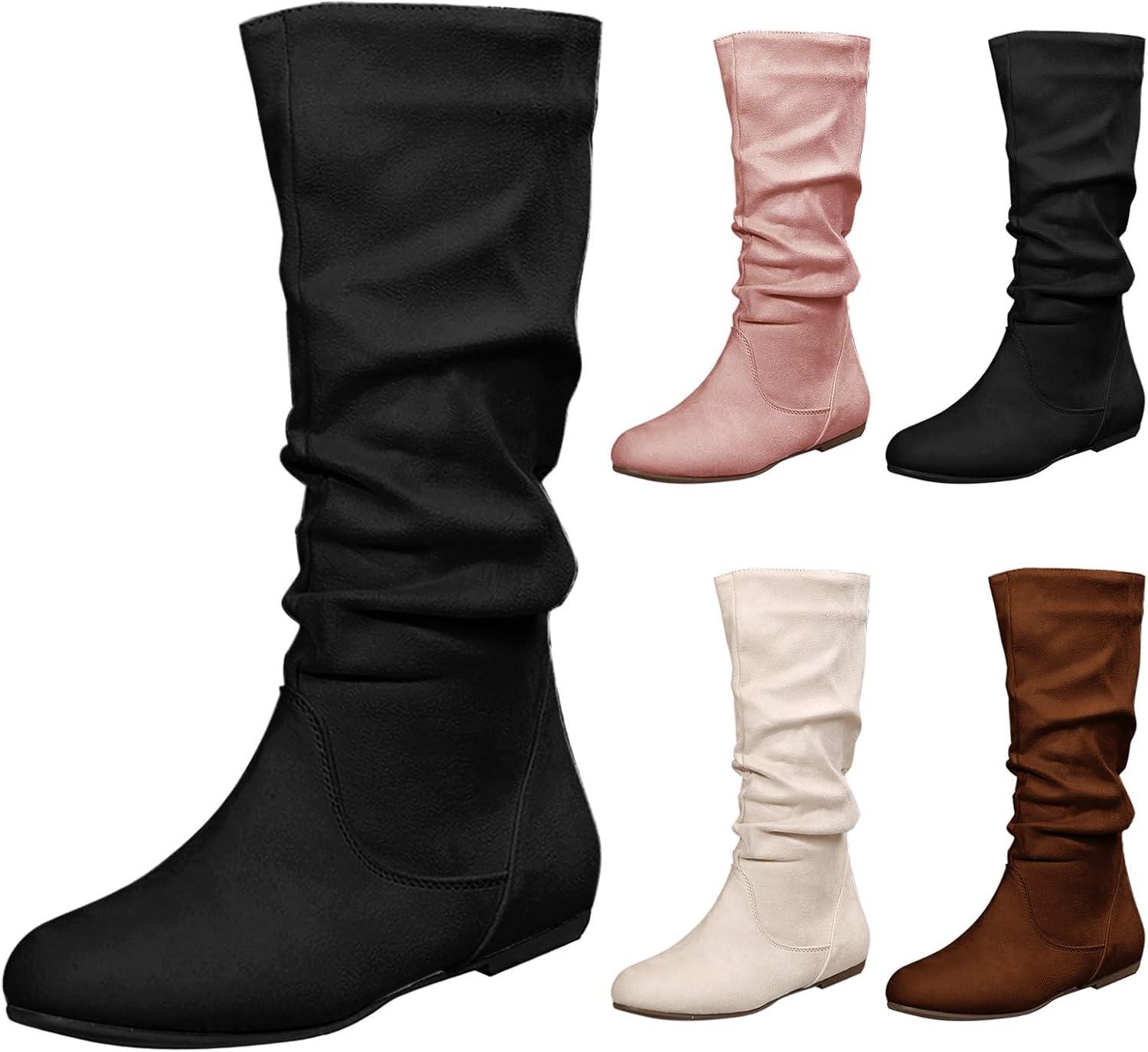 image:imageBottes mimollet pour femme Generic Printemps et hiver Grande taille Fermeture clair latrale Bottes poils plisss Bottes plates en daim Western Cowboy Noir 40 EU