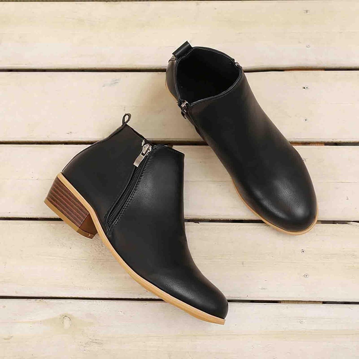 image:imageBottines Chelsea lgantes en cuir pour femme Avec talon Bottes dquitation confortables Doubles et chaudes Avec fermeture clair latrale Lgres RtroNoir