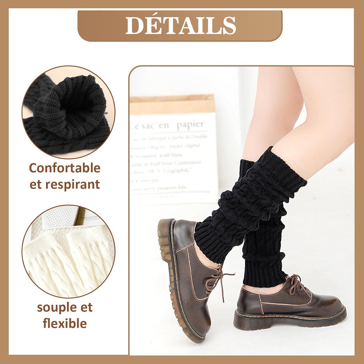 image:imageVEGCOO 2 Paires Jambire Femmes Jambires Tricotes Automne et Hiver Jambires Chaudes Knit Chaussettes Boot pour Femmesnoir blanc