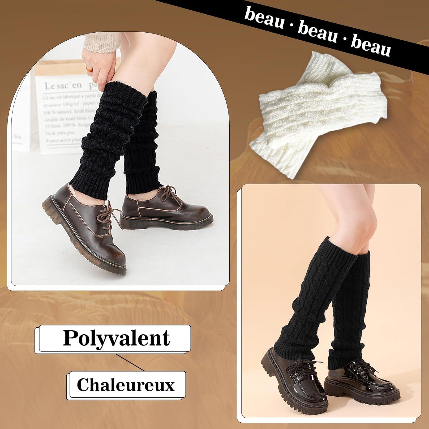 image:imageVEGCOO 2 Paires Jambire Femmes Jambires Tricotes Automne et Hiver Jambires Chaudes Knit Chaussettes Boot pour Femmesnoir blanc