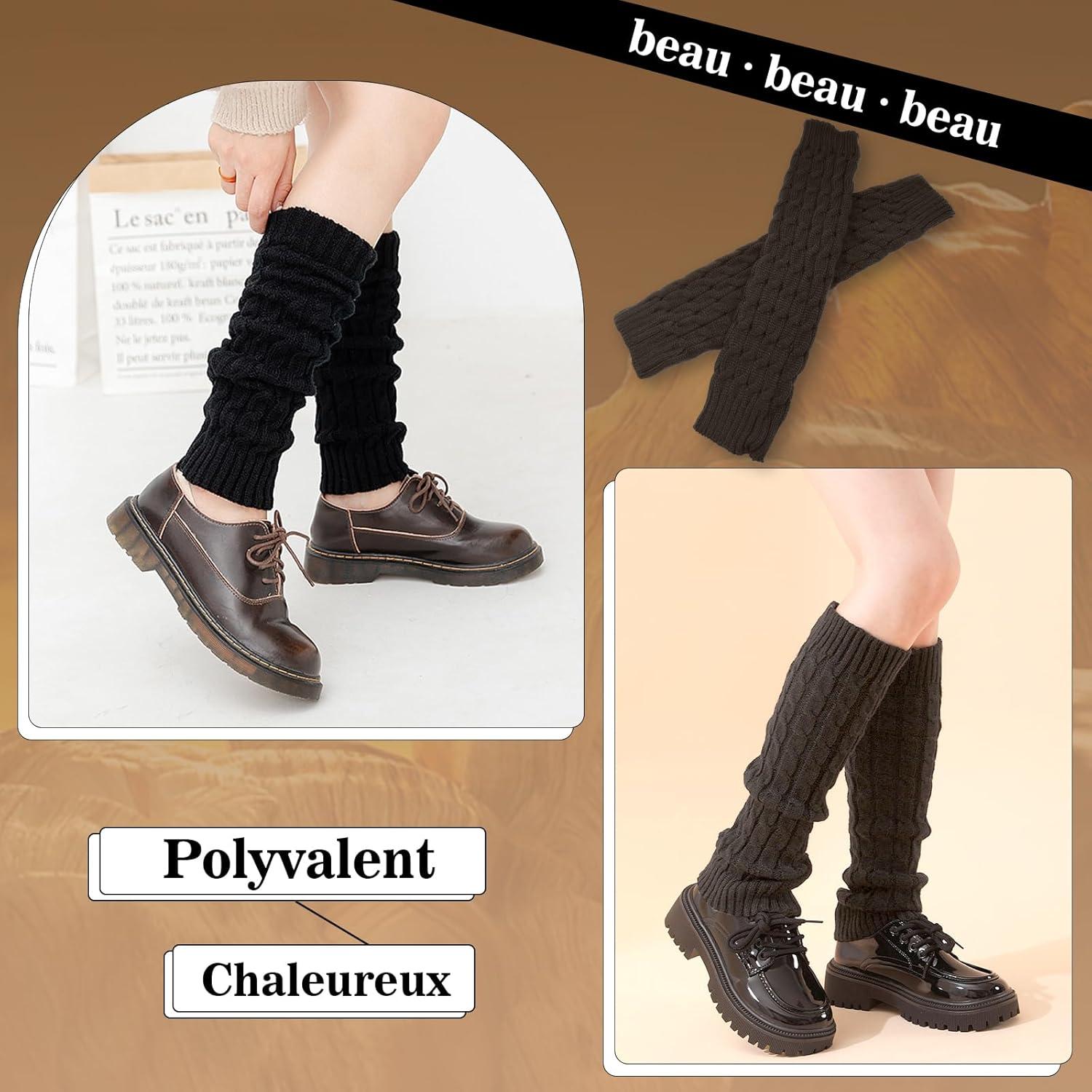image:imageVEGCOO 2 Paires Jambire Femmes Jambires Tricotes Automne et Hiver Jambires Chaudes Knit Chaussettes Boot pour Femmesnoir gris fonc