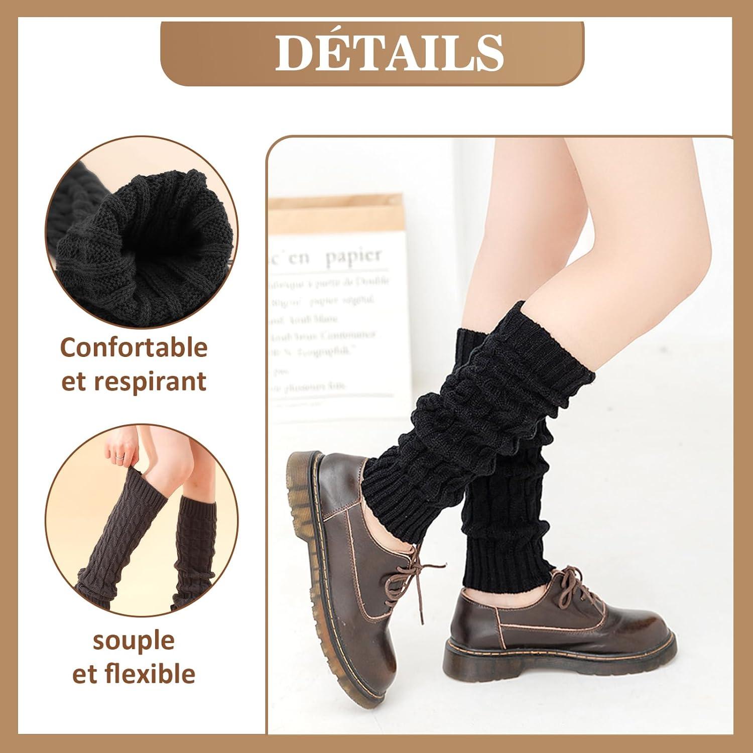 image:imageVEGCOO 2 Paires Jambire Femmes Jambires Tricotes Automne et Hiver Jambires Chaudes Knit Chaussettes Boot pour Femmesnoir gris fonc
