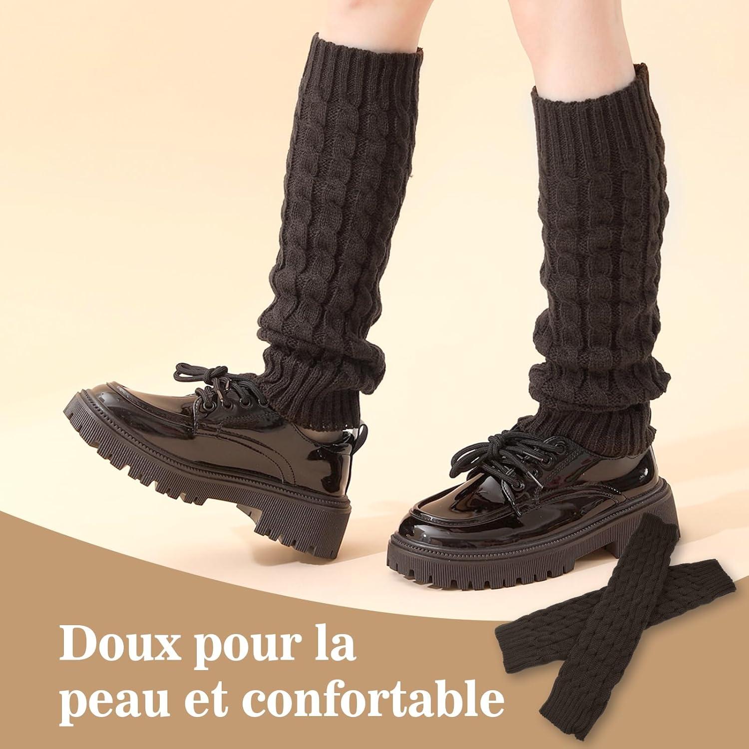 image:imageVEGCOO 2 Paires Jambire Femmes Jambires Tricotes Automne et Hiver Jambires Chaudes Knit Chaussettes Boot pour Femmesnoir gris fonc