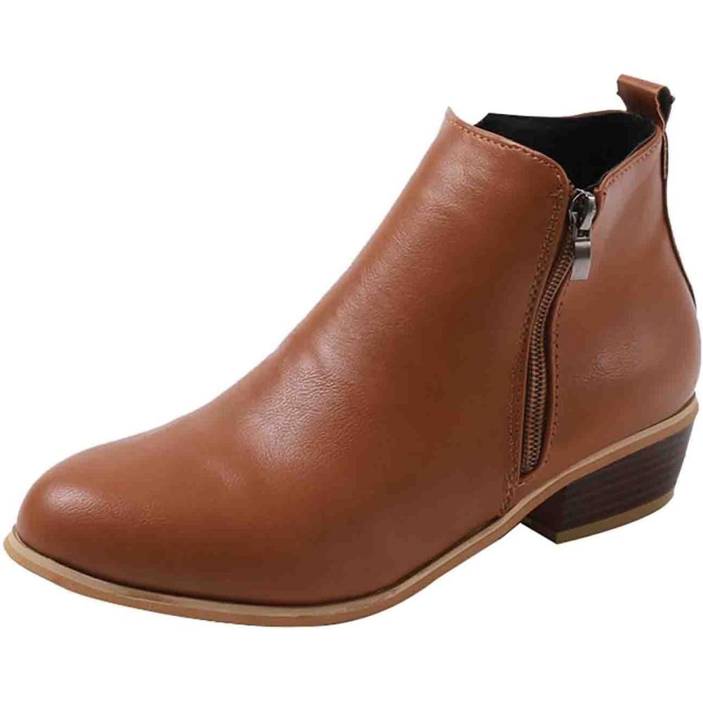 image:imageBottines Chelsea lgantes en cuir pour femme Avec talon Bottes dquitation confortables Doubles et chaudes Avec fermeture clair latrale Lgres RtroMarron