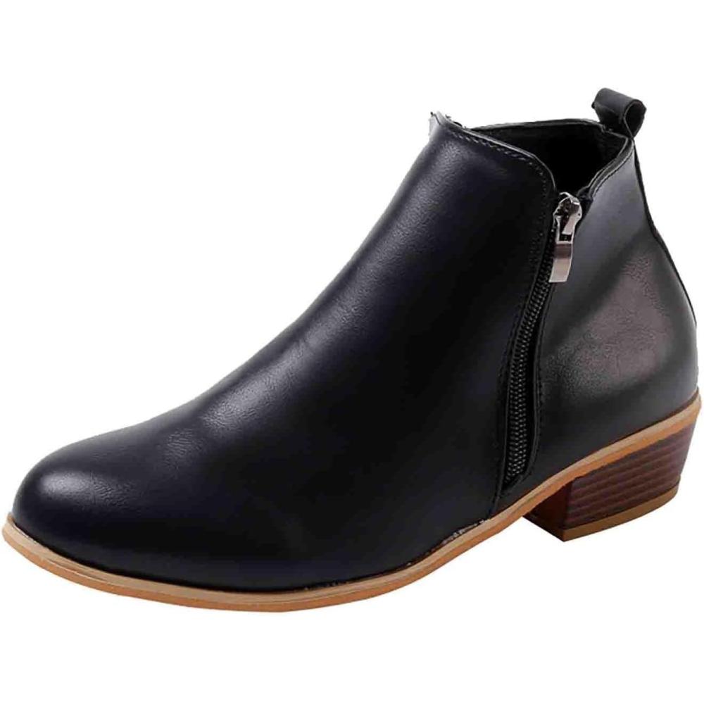 image:imageBottines Chelsea lgantes en cuir pour femme Avec talon Bottes dquitation confortables Doubles et chaudes Avec fermeture clair latrale Lgres RtroNoir
