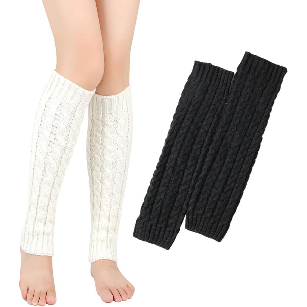 image:imageVEGCOO 2 Paires Jambire Femmes Jambires Tricotes Automne et Hiver Jambires Chaudes Knit Chaussettes Boot pour Femmesnoir blanc