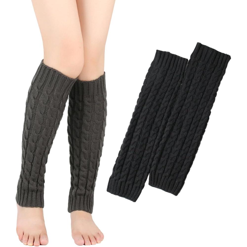 image:imageVEGCOO 2 Paires Jambire Femmes Jambires Tricotes Automne et Hiver Jambires Chaudes Knit Chaussettes Boot pour Femmesnoir gris fonc