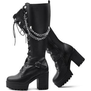 Women Fashion Platform Knee High Boots Lace Up Chunky Heel Boots with Buckle Side Zipper Biker Boots(079 Noir)