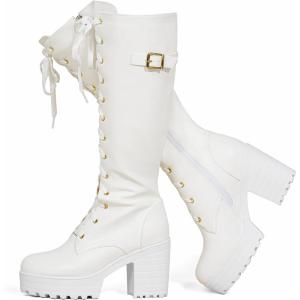 Women Fashion Platform Knee High Boots Lace Up Chunky Heel Boots with Buckle Side Zipper Biker Boots(Blanc)