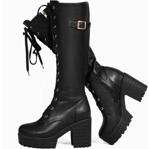 Women Fashion Platform Knee High Boots Lace Up Chunky Heel Boots with Buckle Side Zipper Biker Boots(Noir)