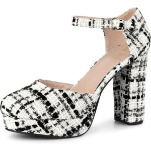 Allegra K Escarpins Mary Janes à plateforme à carreaux avec bride à la cheville et talon épais pour femme(Noir Blanc)