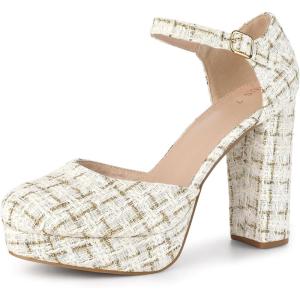 Allegra K Escarpins Mary Janes à plateforme à carreaux avec bride à la cheville et talon épais pour femme(Or Blanc)