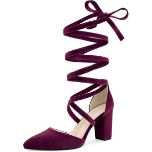 Allegra K Escarpins à bout pointu en velours à lacets et talons épais pour femmes(Bourgogne)