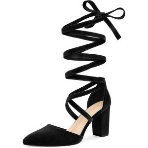 Allegra K Escarpins à bout pointu en velours à lacets et talons épais pour femmes(Noir)