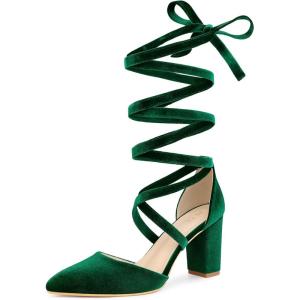 Allegra K Escarpins à bout pointu en velours à lacets et talons épais pour femmes(Vert Foncé)