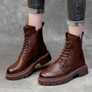 2021 Automne Plate-Forme Noire Femmes Bottines Bottines Fashion Confortable Boucle à Lacets Bottes d&rsquo;hiver pour Femmes en Cuir(Brown)