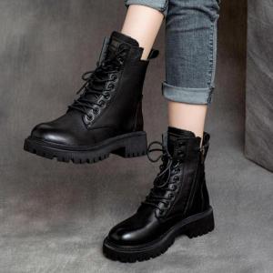 2021 Automne Plate-Forme Noire Femmes Bottines Bottines Fashion Confortable Boucle à Lacets Bottes d&rsquo;hiver pour Femmes en Cuir(Noir)