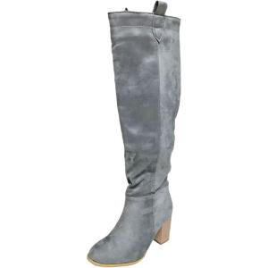 Bottes à enfiler pour femme avec talon – Bottes en daim – Talon bloc – Bottes hautes au genou – Bout pointu – Bottes western décontractées – Bottes de motard – Bottes de cowboy pour femme(Z02 Gris)