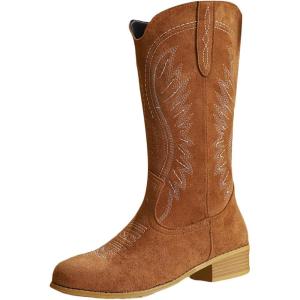 Bottes de cowboy pour femme – Bottes d&rsquo;équitation à talon bloc – En cuir synthétique – Broderie jacquard – Bottes western longues – Bottes à enfiler – Vintage élégantes – Bottes pour femme(Café)