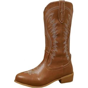 Bottes de cowboy pour femme – Bottes d&rsquo;équitation à talon bloc – En cuir synthétique – Broderie jacquard – Bottes western longues – Bottes à enfiler – Vintage élégantes – Bottes pour femme(Marron)