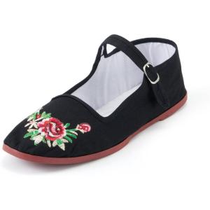Womens Classic China Flats, Casual China Doll Shoes, Cotton Mary Janes, Chinese Tai Chi Shoes(Floral Noir)