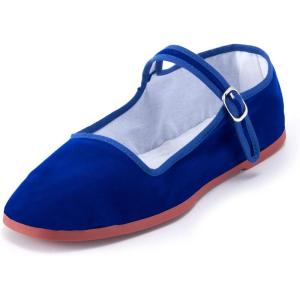 Womens Classic China Flats, Casual China Doll Shoes, Cotton Mary Janes, Chinese Tai Chi Shoes(Velours Bleu)