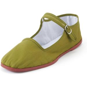 Womens Classic China Flats, Casual China Doll Shoes, Cotton Mary Janes, Chinese Tai Chi Shoes(Vert Militaire)