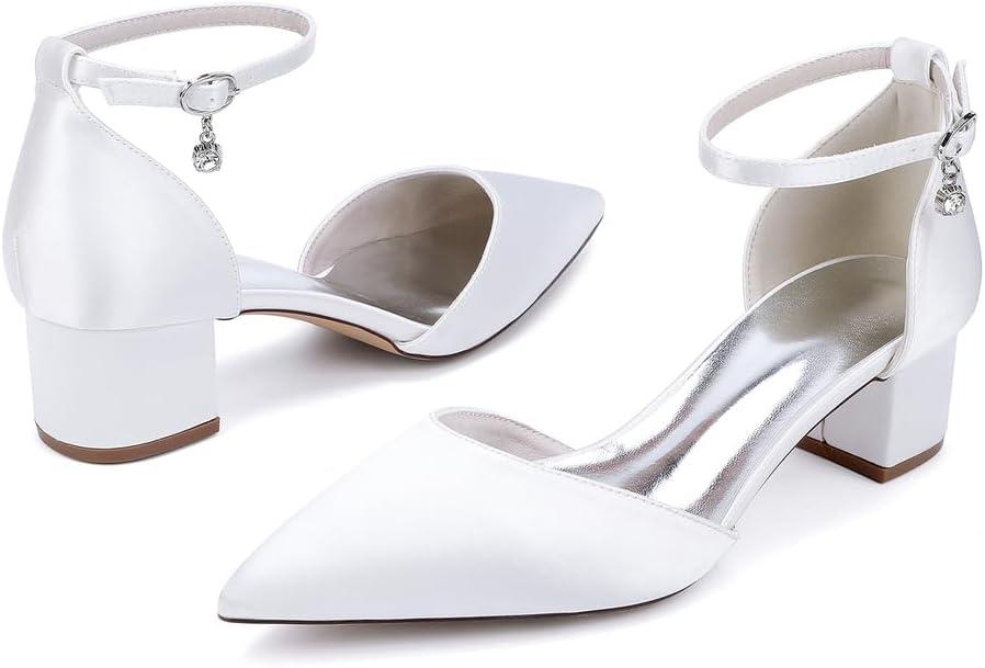 image:image1Chaussures de Mariage Confortables Talons Bas pour Femmes Bout Pointu ferm Bride la Cheville Escarpins de marie en Satin Chaussures habilles Talons BasRose Red