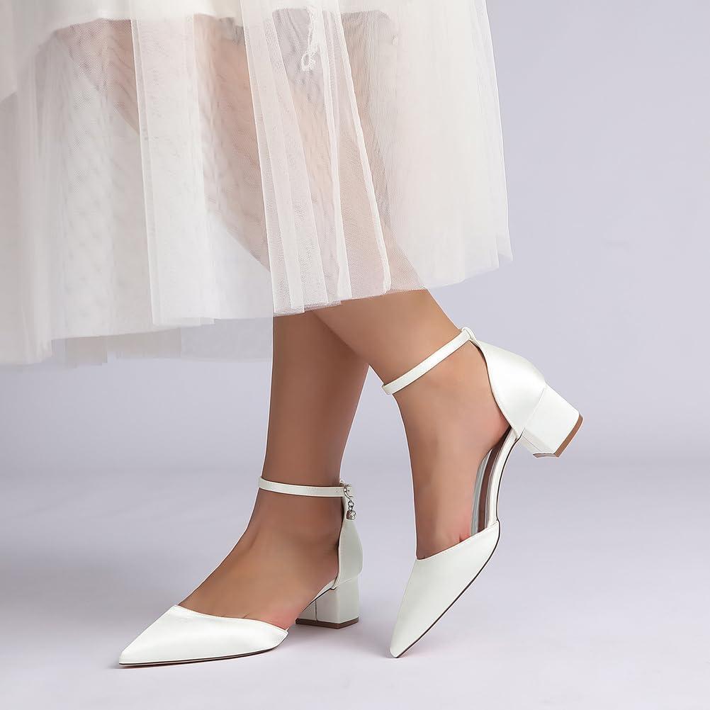 image:image1Chaussures de Mariage Confortables Talons Bas pour Femmes Bout Pointu ferm Bride la Cheville Escarpins de marie en Satin Chaussures habilles Talons BasRoyal Blue