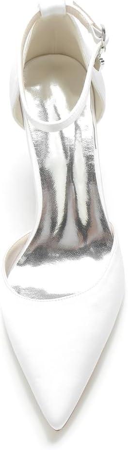 image:image1Chaussures de Mariage Confortables Talons Bas pour Femmes Bout Pointu ferm Bride la Cheville Escarpins de marie en Satin Chaussures habilles Talons BasWhite Blanc