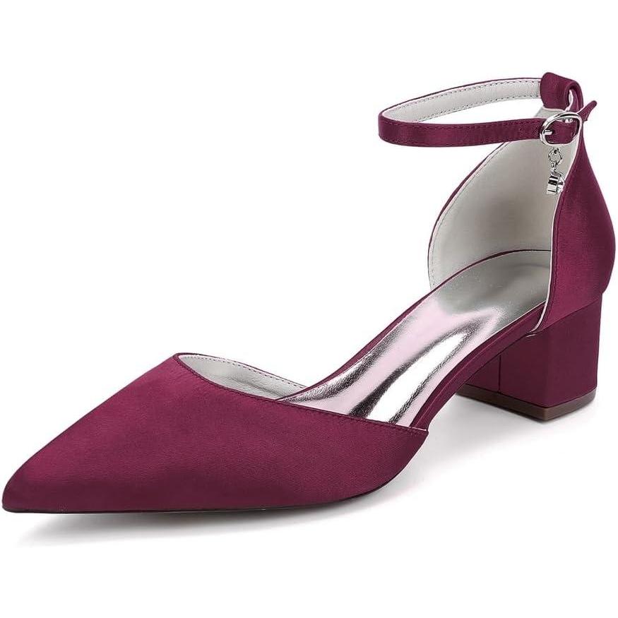 image:image1Chaussures de Mariage Confortables Talons Bas pour Femmes Bout Pointu ferm Bride la Cheville Escarpins de marie en Satin Chaussures habilles Talons BasWine Red